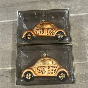 2x Volkswagen Beetle leopard Print Glass VW Bug car Christmas tree Ornament NIP